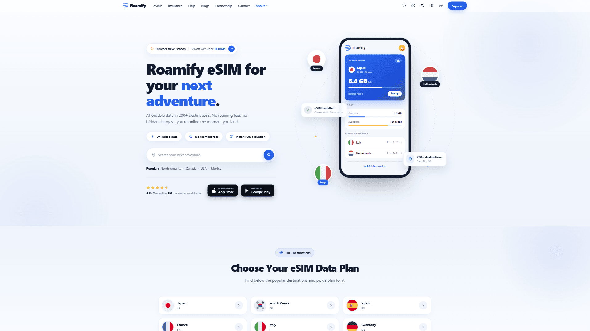 Roamify homepage showcasing the travel eSIM platform and its search-optimized experience