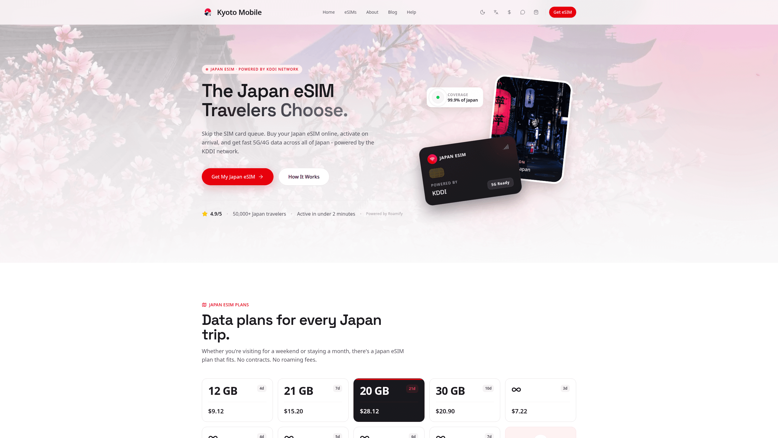 Kyoto Mobile storefront showing Japan eSIM data plan comparison